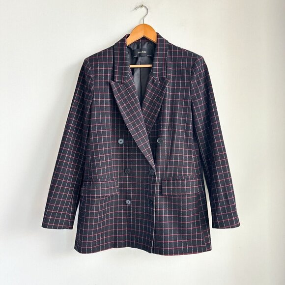 Zara Basic Black Red Window Pane Plaid Double Breasted Blazer M - Picture 1 of 6